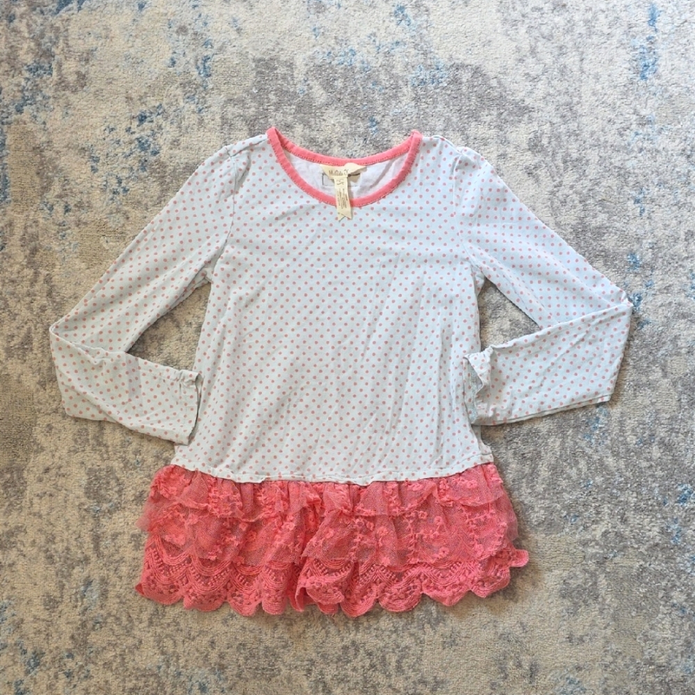 Matilda Jane Fairy Core Jump Rope Tunic Shirt Polka Dot‎ Pink Lace Ruffle Top 6